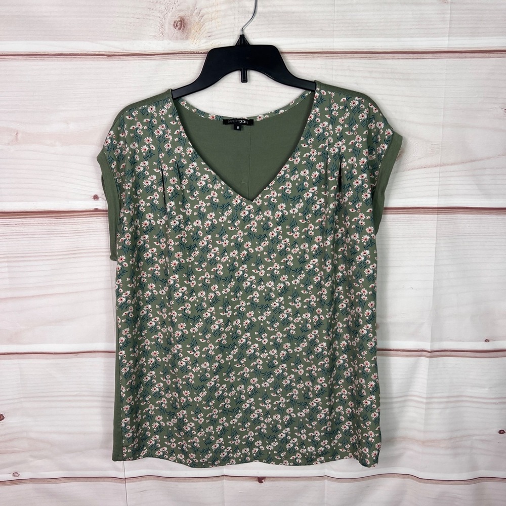 Papermoon Top Women M Green Floral Blouse V-Neck Woven Knit Button Back Pullover
